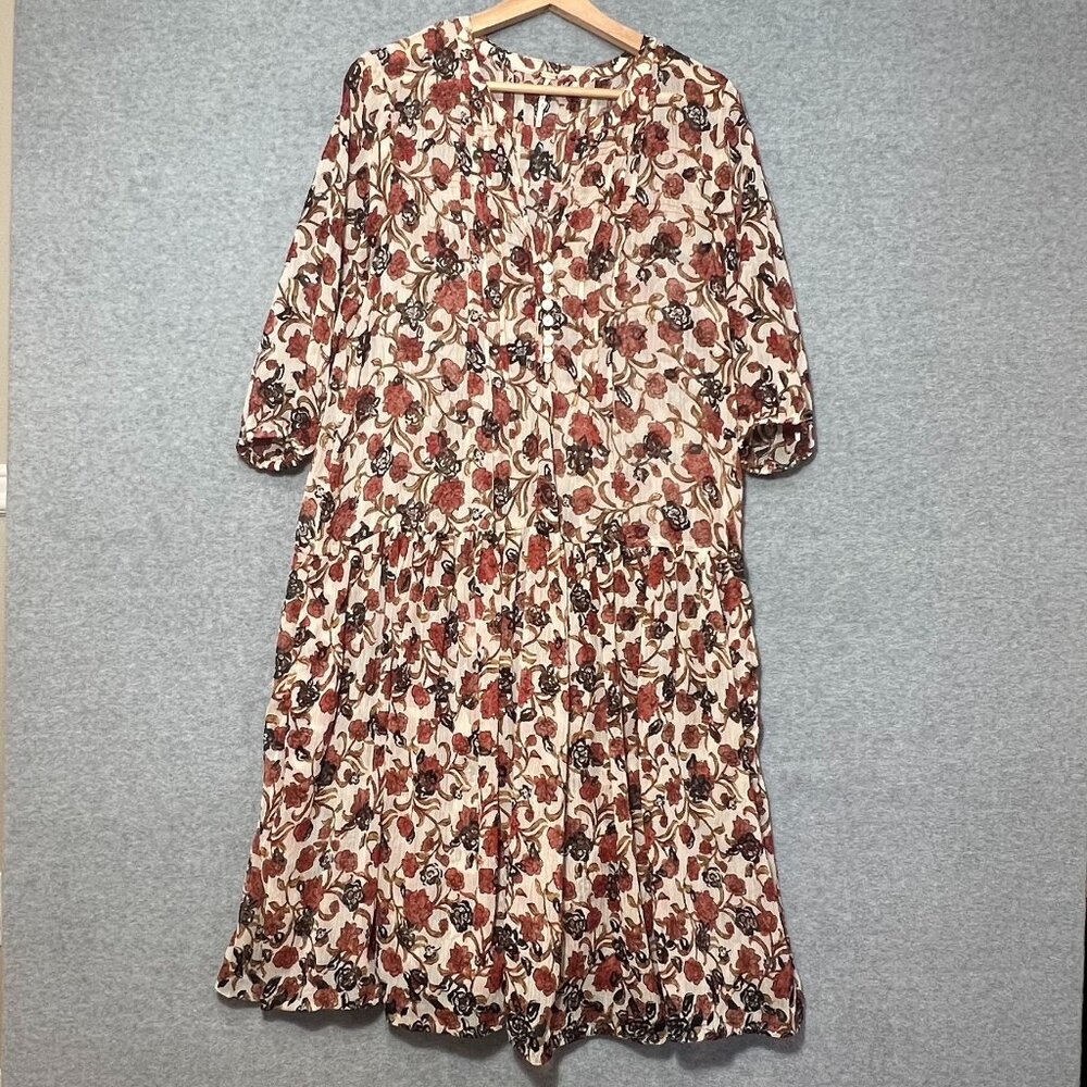 Free People Boho Dress Size M See Through Orange Brown Floral Sheer No Lining